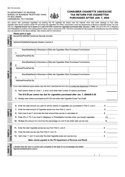 Form Rev-791 As - Consumer Cigarette Use/excise Tax Return For Cigarettes Purchased After Jan. 7, 2004 Printable pdf