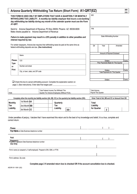 Form A1Qrt(Ez) Arizona Quarterly Withholding Tax Return (Short Form