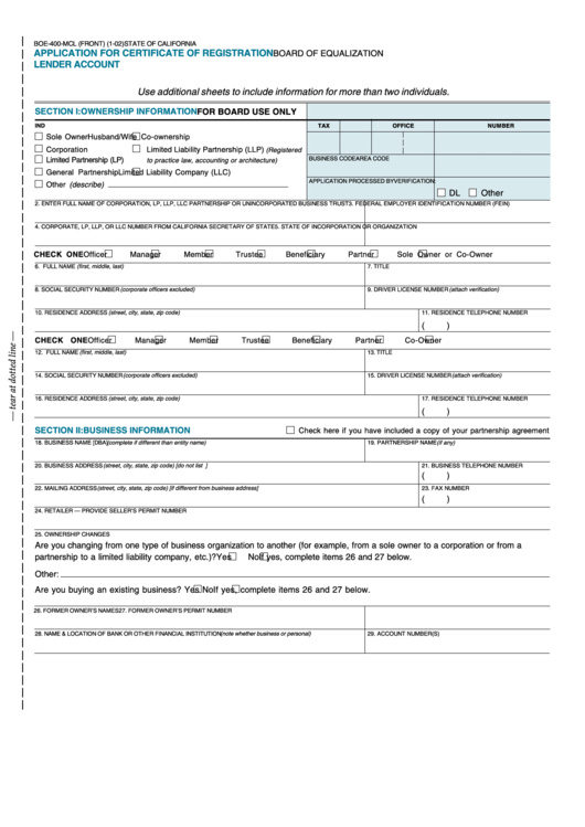Fillable Form Boe-400-Mcl - Application For Certificate Of Registration Lender Account - 2002 Printable pdf
