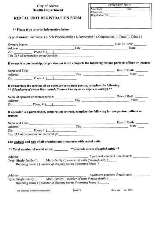 Rental Unit Registration Form Printable pdf