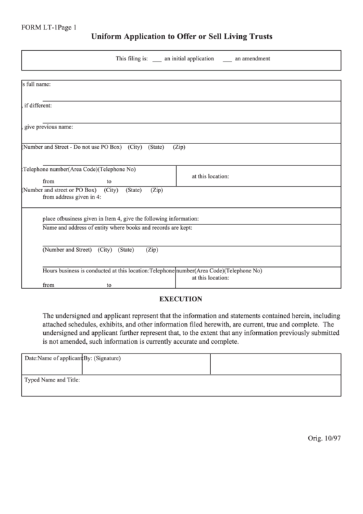 Form Lt-1 - Uniform Application To Offer Or Sell Living Trusts Printable pdf