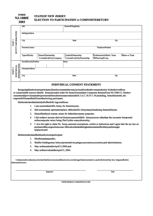 Form Nj-1080e - Election To Participate In A Composite Return - 2003 Printable pdf