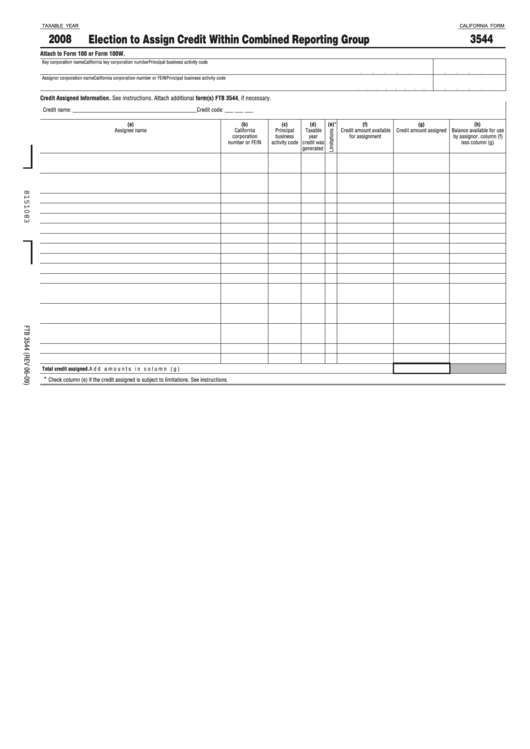 Fillable California Form 3544 - Election To Assign Credit Within Combined Reporting Group - 2008 Printable pdf
