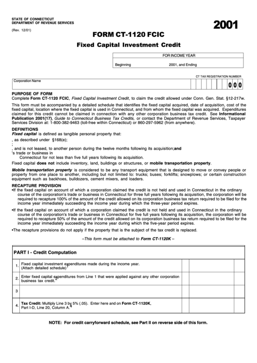 Form Ct-1120 Fcic - Fixed Capital Investment Credit - 2001 Printable pdf