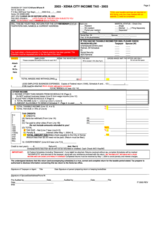 Form R - Xenia City Income Tax - 2003 Printable pdf