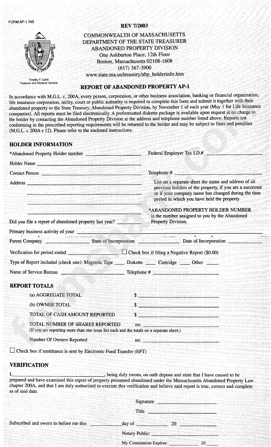 Form Ap-1 Ins - Report Of Abandoned Property - 2003