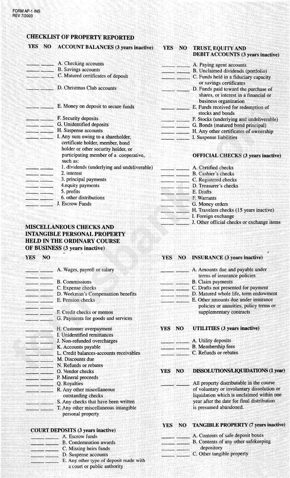 Form Ap-1 Ins - Report Of Abandoned Property - 2003
