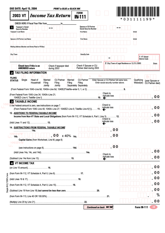 Form In-111 - Vt Income Tax Return - 2003 Printable pdf