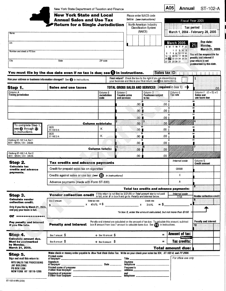 Form St-102-A - New York State And Local Annual Sales And Use Tax Return For A Single Jurisdiction