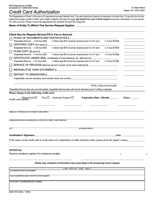 Form Dos-1515 - Credit Card Authorization Printable pdf