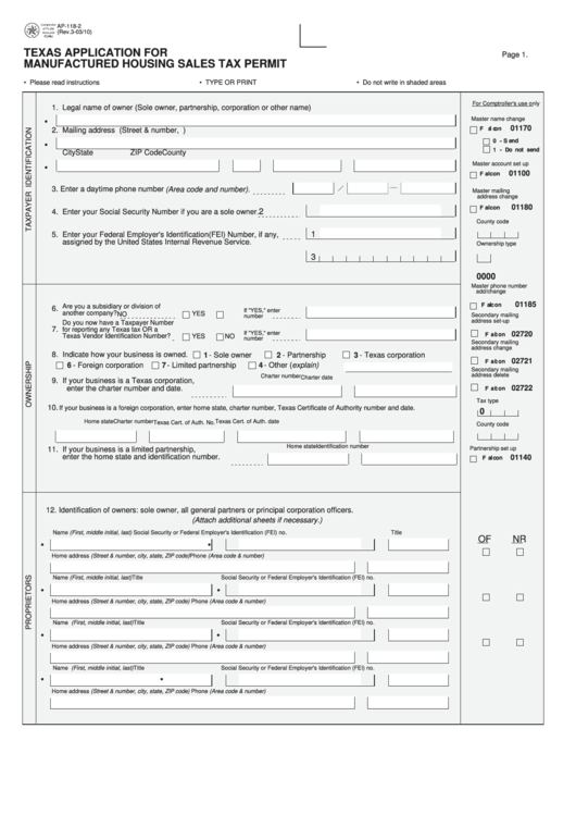 Fillable Form Ap-118-2 - Texas Application For Manufactured Housing Sales Tax Permit Printable pdf
