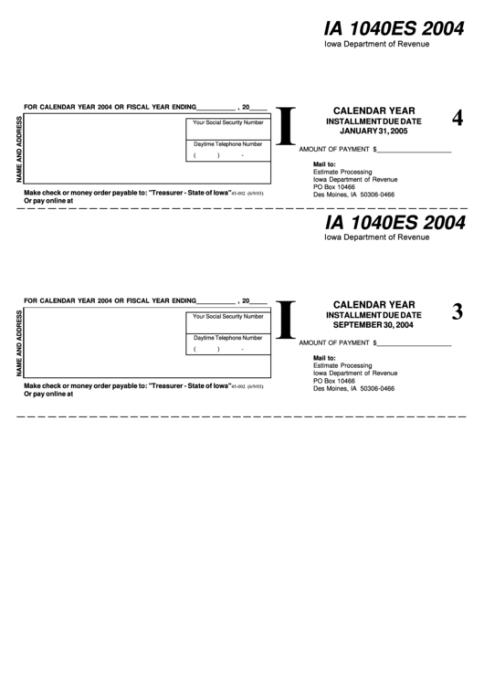 Form Ia 1040es 2004 - Calendar Year Installment Due Date Printable pdf