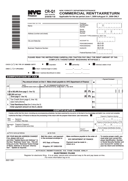 Form Cr-Q1 - Commercial Rent Tax Return - 2009/10 Printable pdf