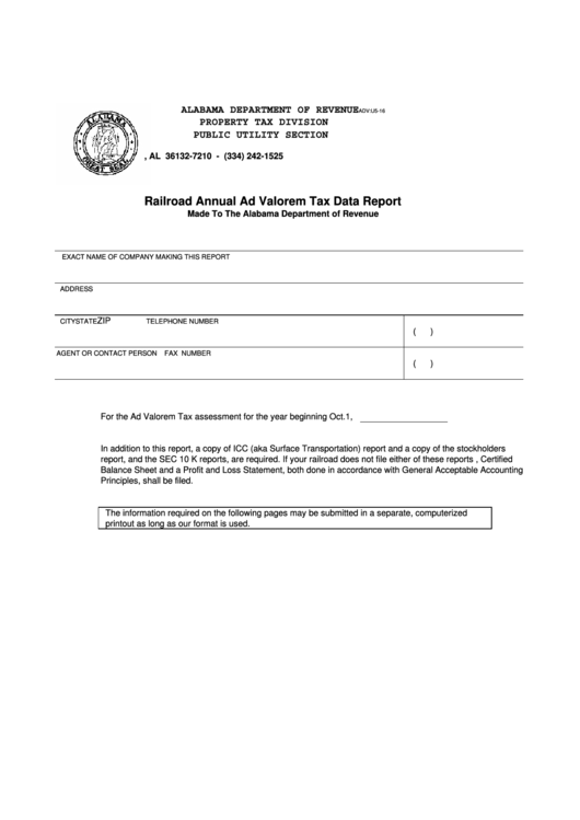 Form Adv:u5-16 - Railroad Annual Ad Valorem Tax Data Report Printable pdf