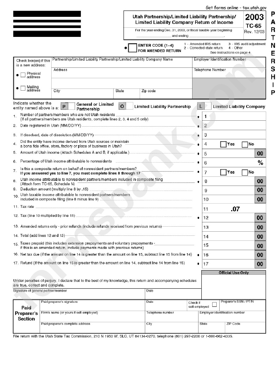 Form 2003 Tc-65 - Utah Partnership/limited Liability Partnership/limited Liability Company Return Of Income