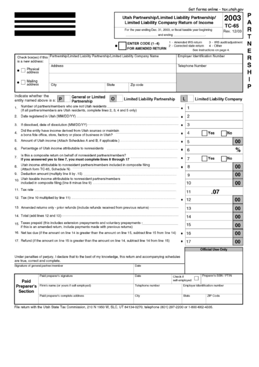 Form 2003 Tc-65 - Utah Partnership/limited Liability Partnership/limited Liability Company Return Of Income Printable pdf