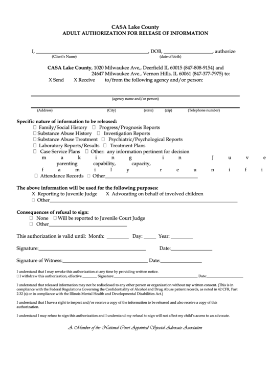 Adult Authorization For Release Of Information Form - Casa Lake County Printable pdf