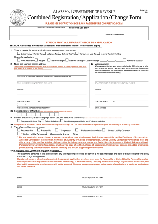 Fillable Form Com: 101 - Combined Registration/application/change Form Printable pdf