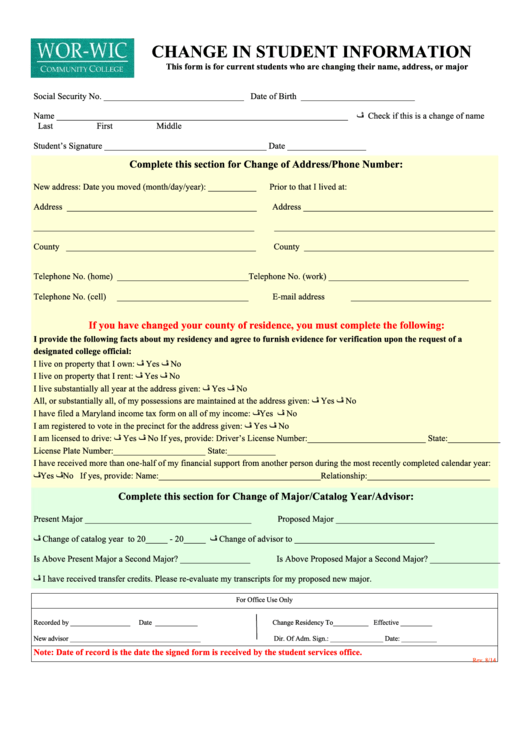 Change In Student Information Form Printable pdf