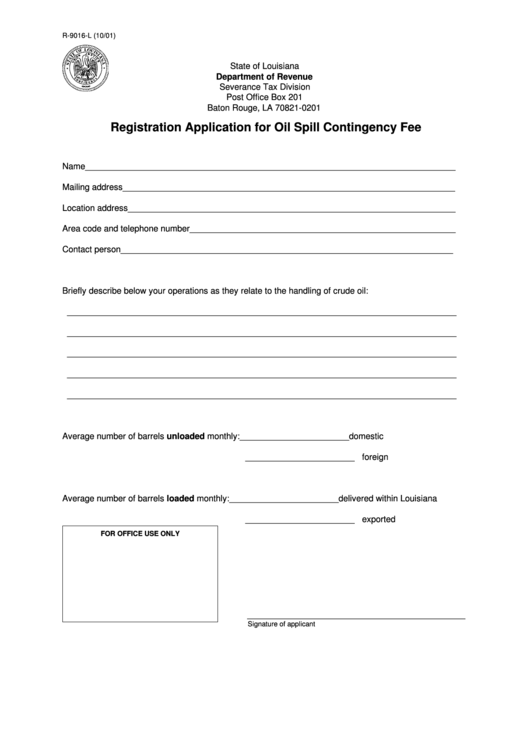 Fillable Form R-9016-L - Registration Application For Oil Spill Contingency Fee Printable pdf