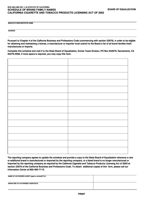 Fillable Form Boe-400-Lmi2 - Schedule Of Brand Family Names California Cigarette And Tobacco Products Licensing Act Of 2003 Printable pdf