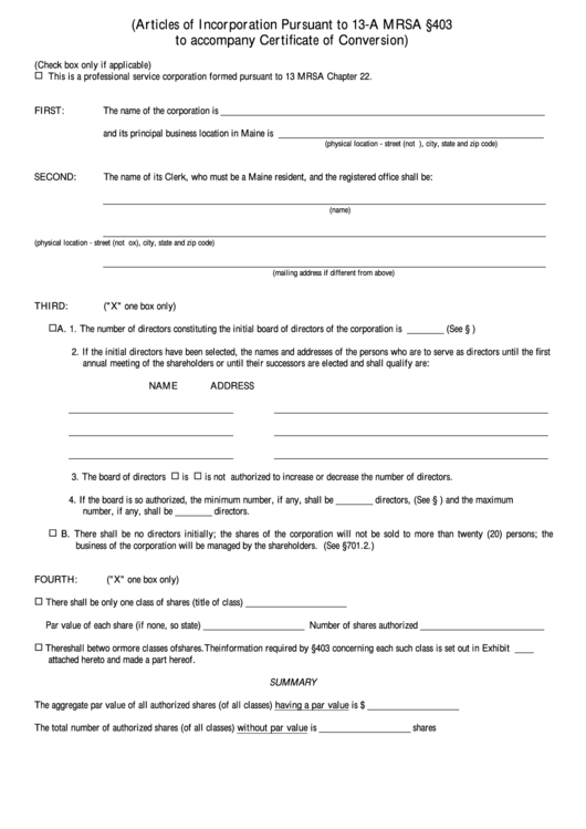 Fillable Form Conv-Bus - Articles Of Incorporation Pursuant To 13-A Mrsa To Accompany Certificate Of Conversion - 2001 Printable pdf