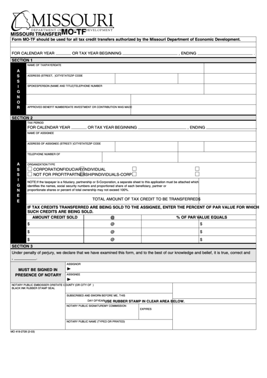 Fillable Form Mo-Tf - Missouri Transfer Printable pdf