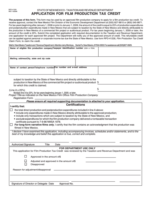 Form Rpd-41229 - Application For Film Production Tax Credit Printable pdf