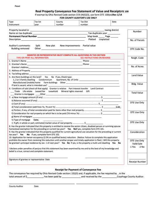 Fillable Dte Form 100 - Real Property Conveyance Fee Statement Of Value And Receipt - Ohio Printable pdf