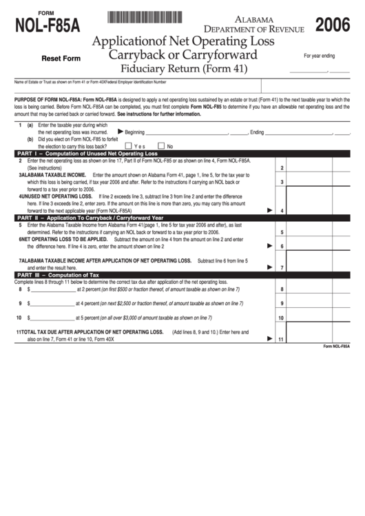 Fillable Form Nol-F85a - Application Of Net Operating Loss Carryback Or Carryforward Fiduciary Return - 2006 Printable pdf