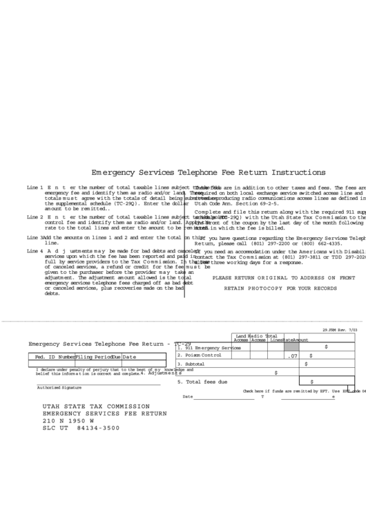 Form Tc-29 - Emergency Services Telephone Fee Return Instructions Printable pdf