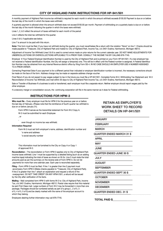 Instructions For Form Hp-941/501/form Hpw-3 - Highland Park Income Tax Withheld/ Annual Reconciliation Income Tax Withheld Printable pdf