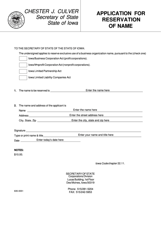 Fillable Form 635-0051 - Application For Reservation Of Name - Ia Secretary Of State Printable pdf