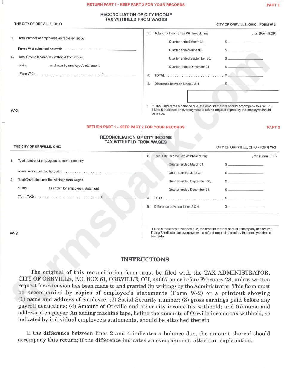 Form W-3 - Reconciliation Of City Income Tax Withheld From Wages