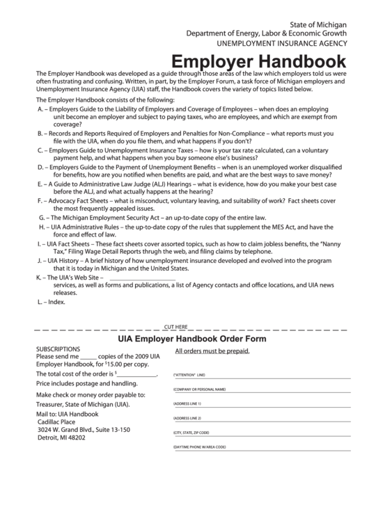 Uia Employer Handbook Order Form - Department Of Energy, Labor & Economic Growth Printable pdf