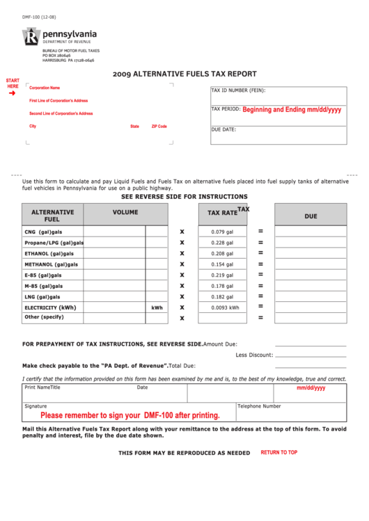 Fillable Form Dmf-100 - Alternative Fuels Tax Report Printable pdf