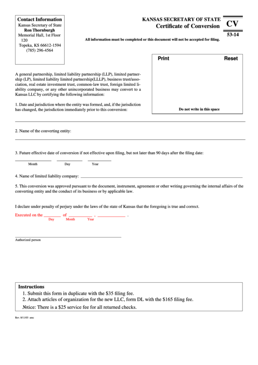 Fillable Form Cv 53-14 - Certificate Of Conversion - 2003 Printable pdf