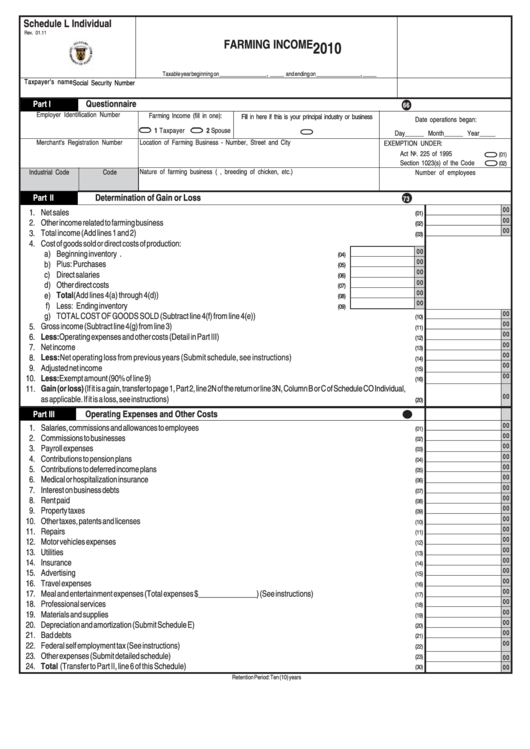 Schedule L Individual - Farming Income - 2010 printable pdf download