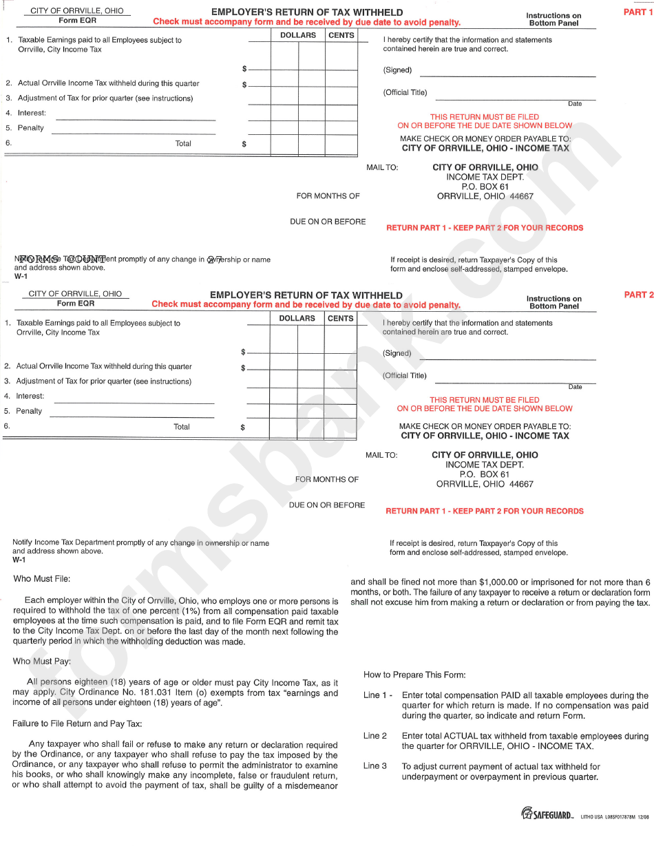 Form W-1 - Employers Return Of Tax Withheld