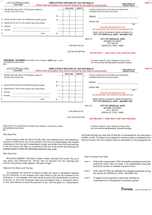 Form W-1 - Employers Return Of Tax Withheld Printable pdf