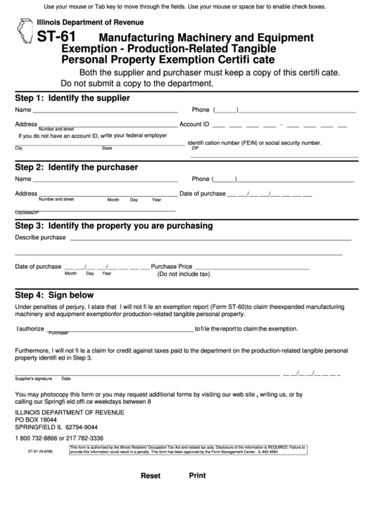 Fillable Form St-61 - Manufacturing Machinery And Equipment Exemption - Production-Related Tangible Personal Property Exemption Certificate Printable pdf