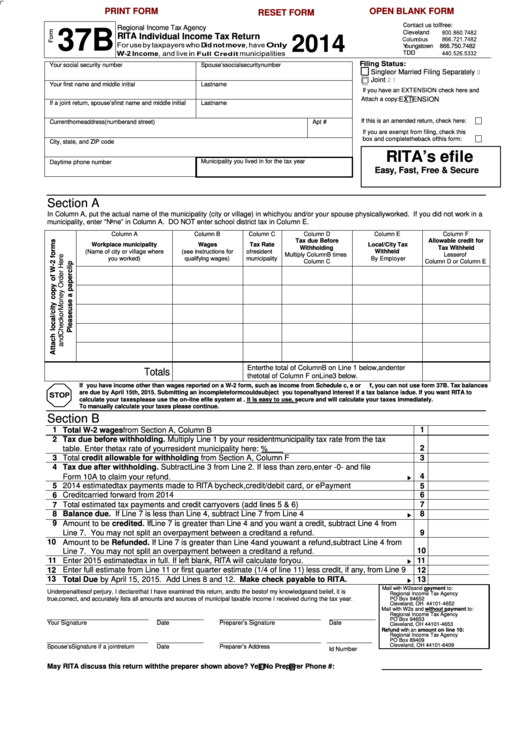 Fillable Form 37b - Rita Individual Income Tax Return - 2014 Printable pdf
