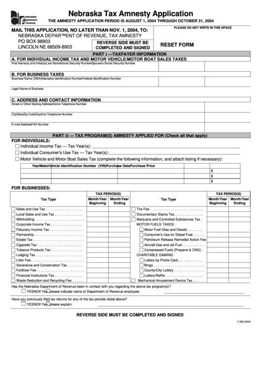 Fillable Nebraska Tax Amnesty Application Printable pdf