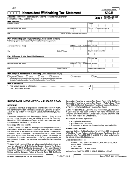 Form 592-B - Nonresident Withholding Tax Statement Printable pdf