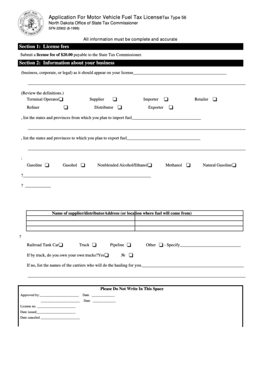 Fillable Form Sfn 22902 - Application For Motor Vehicle Fuel Tax License Printable pdf
