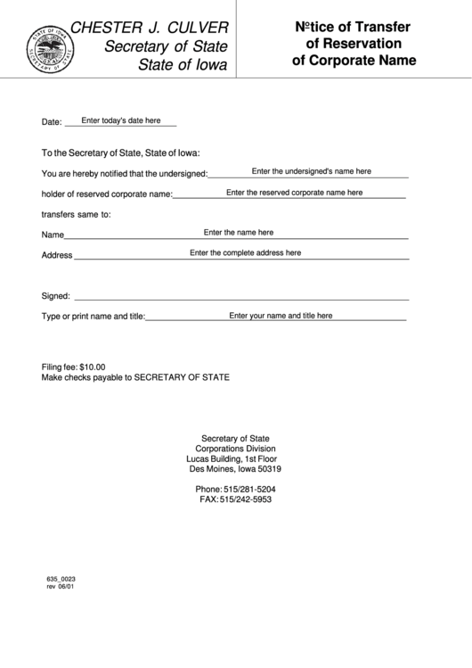 Fillable Form 635_0023 - Notice Of Transfer Of Reservation Of Corporate Name Printable pdf