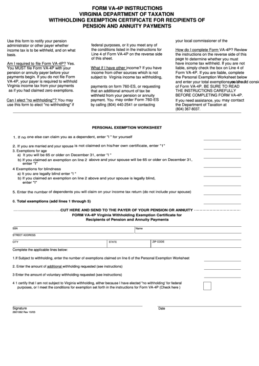 Form Va-4p - Virginia Withholding Exemption Certificate For Recipients Of Pension And Annuity Payments