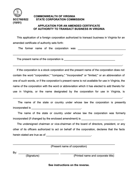 Form Scc760/922 - Application For An Amended Certificate Printable pdf