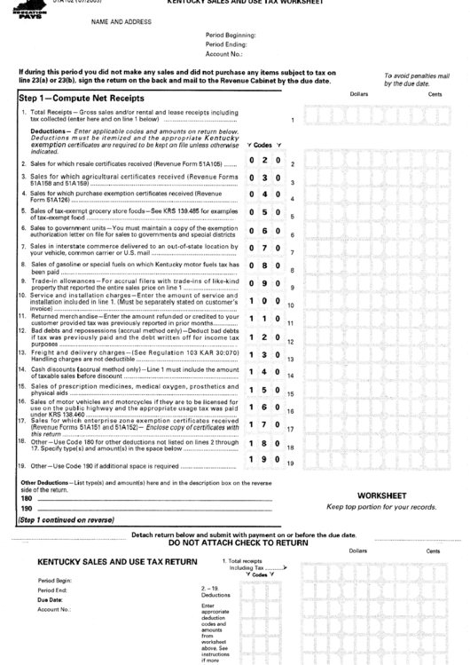 Kentucky Sales / Use Tax Worksheet Printable pdf