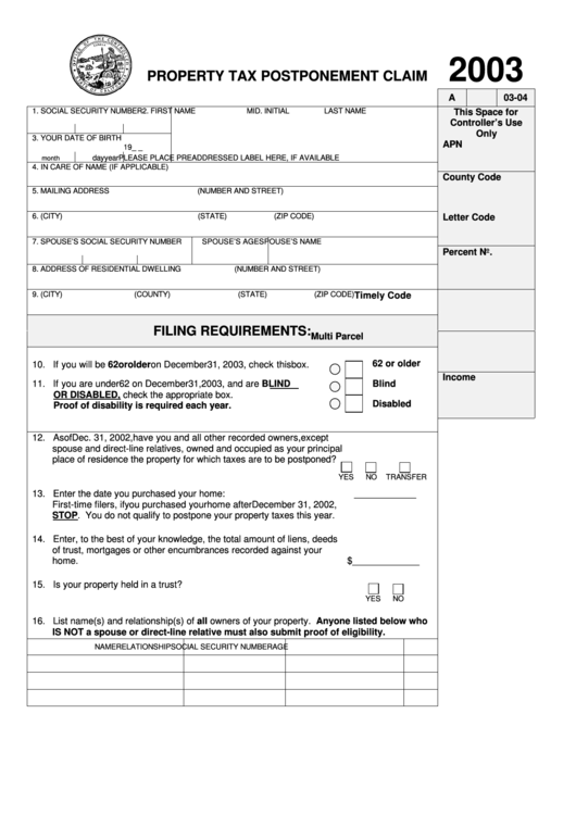 Fillable Property Tax Postponement Claim - California State Controller - 2003 Printable pdf